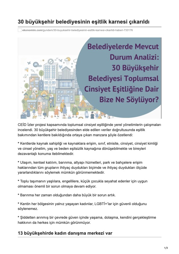 Belediyelerde Mevcut Durum Analizi: 30 Büyükşehir Belediyesi Toplumsal Cinsiyet Eşitliğine Dair Bize Ne Söylüyor?